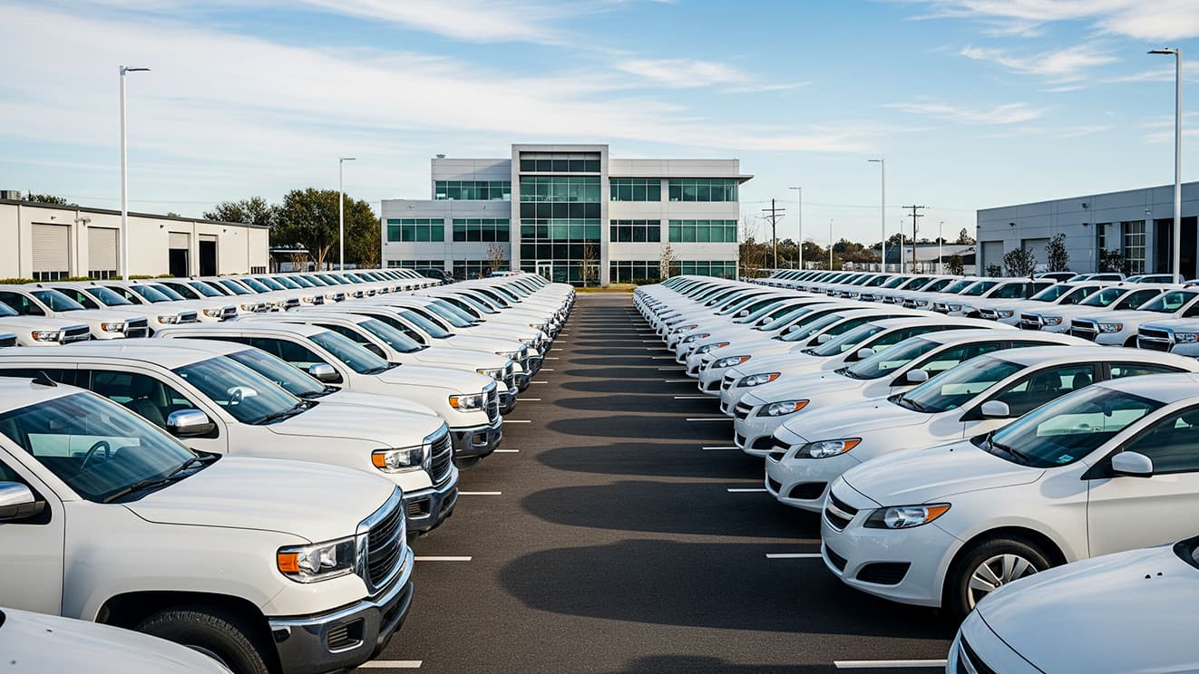 Large commercial fleet lot with rows of passenger cars and pickup trucks