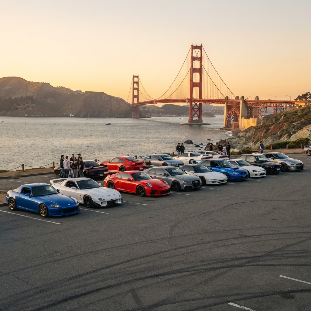 Exotic supercars lined up with Golden Gate Bridge in background representing Bay Area car culture