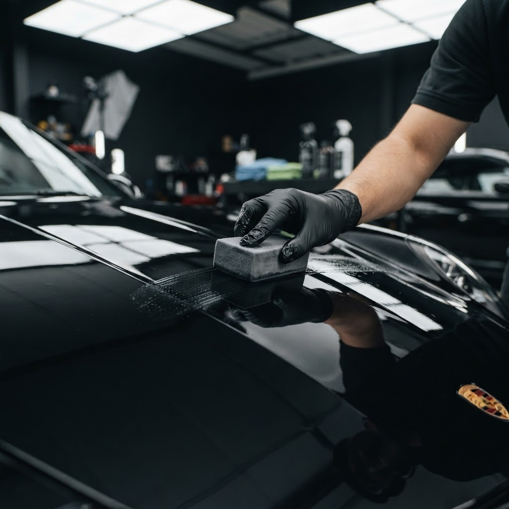 Professional ceramic coating being applied to a black luxury car