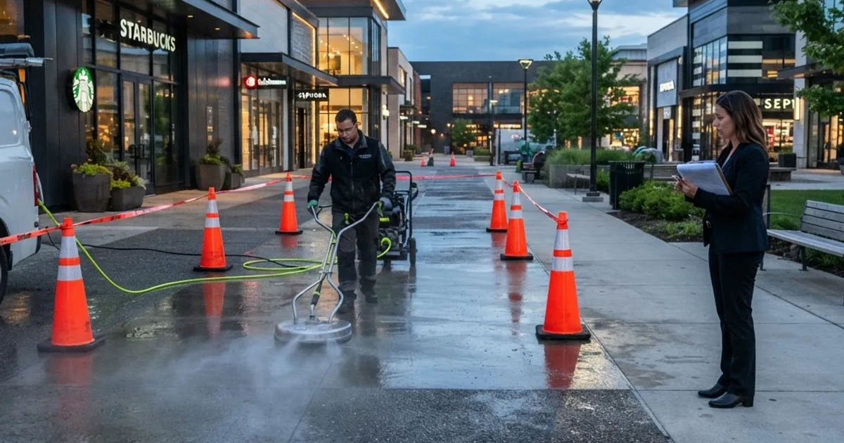Facility manager reviewing a commercial pressure washing scope beside a cleaned concrete walkway