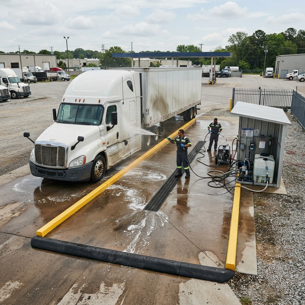 Commercial fleet washing with drain protection and wash water containment equipment