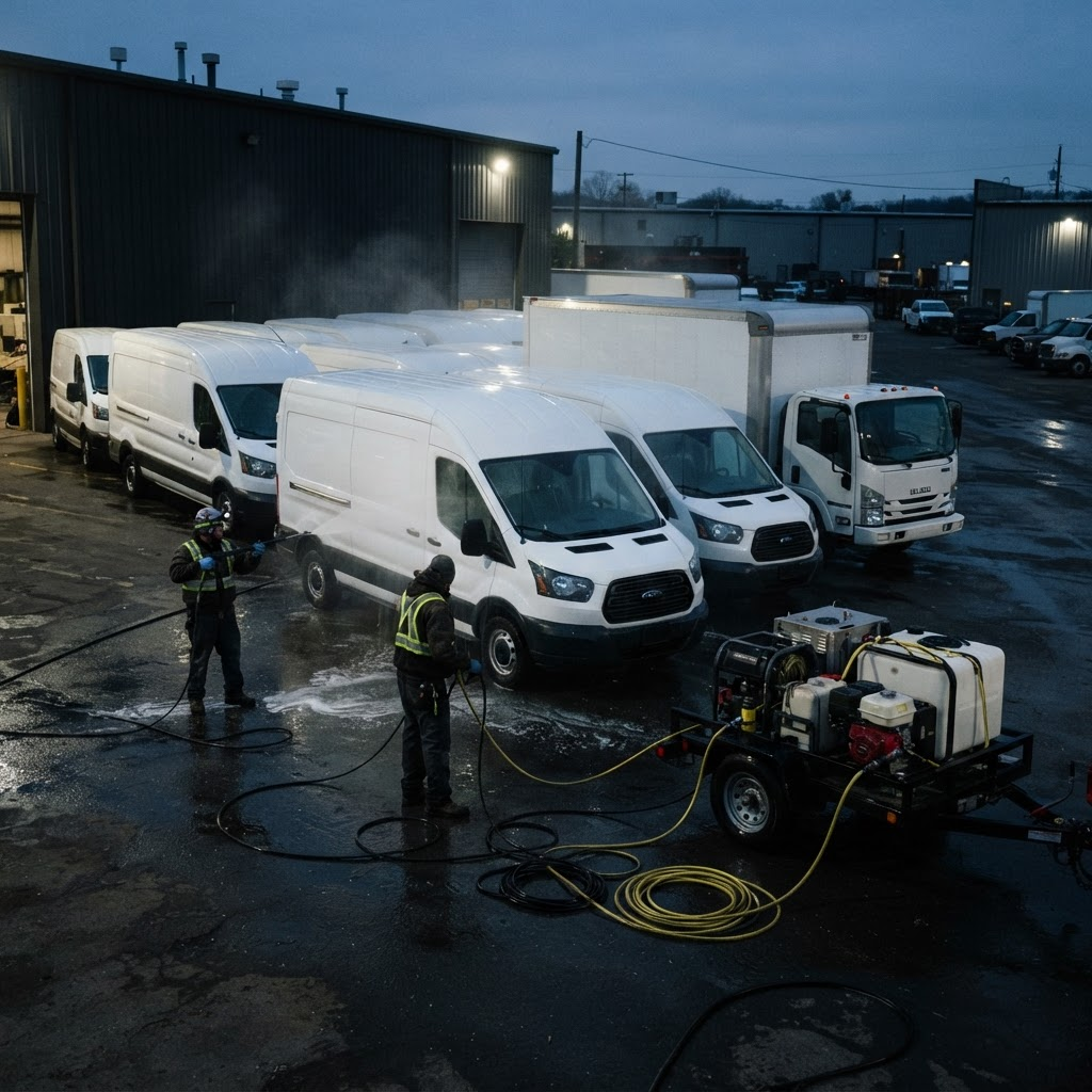 Mobile wash crew cleaning delivery vans and a box truck at a commercial depot