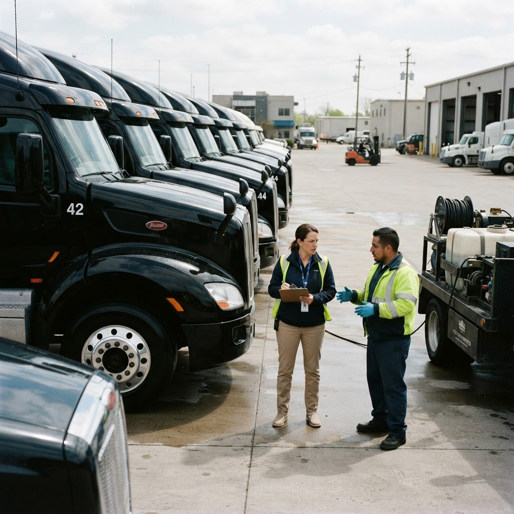 Fleet manager and mobile wash vendor reviewing commercial trucks at a depot