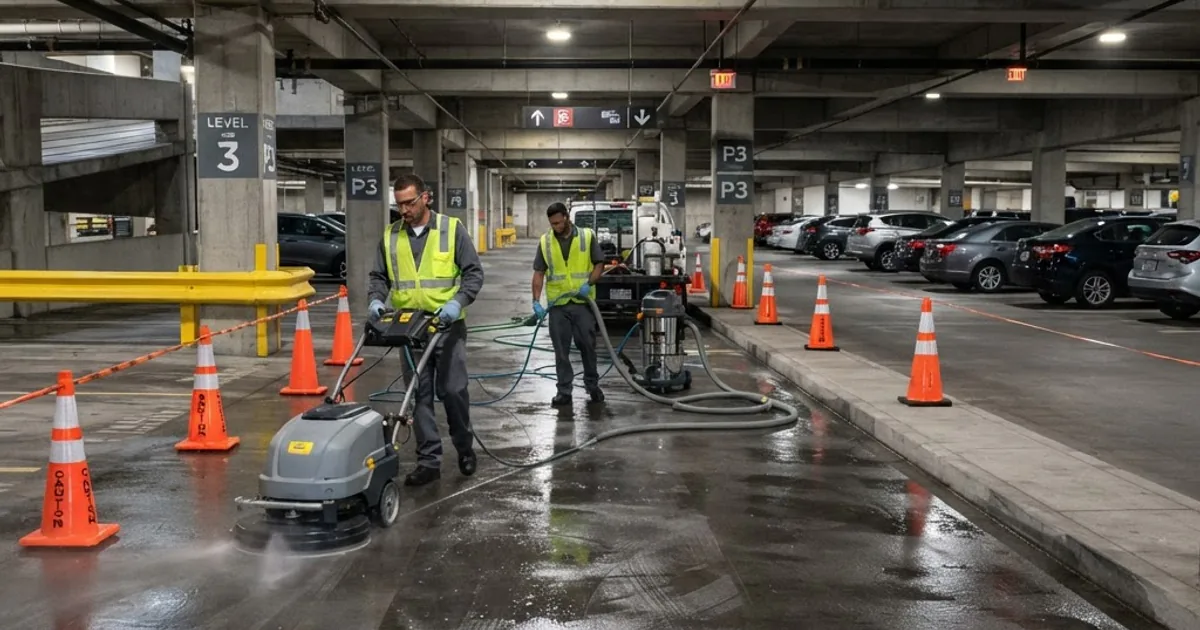 Commercial parking garage cleaning operation with surface equipment and controlled work zone