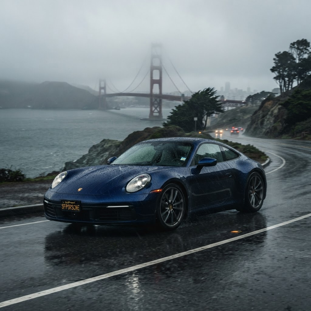 Car driving in San Francisco rain with Golden Gate Bridge in background