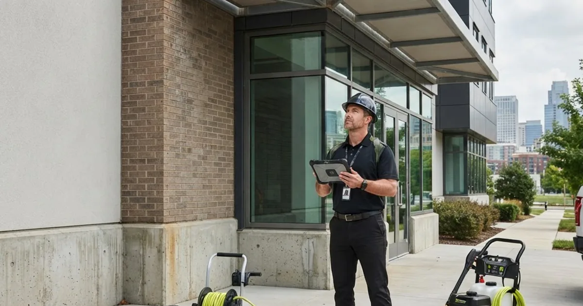 Commercial facade specialist evaluating masonry, stucco, metal panels, awnings, and concrete cleaning methods