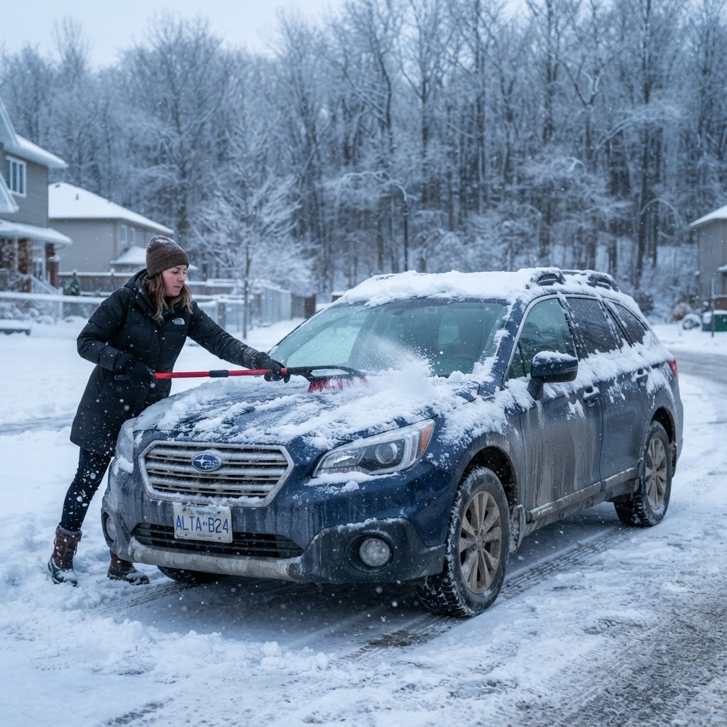 Car covered in snow being cleaned